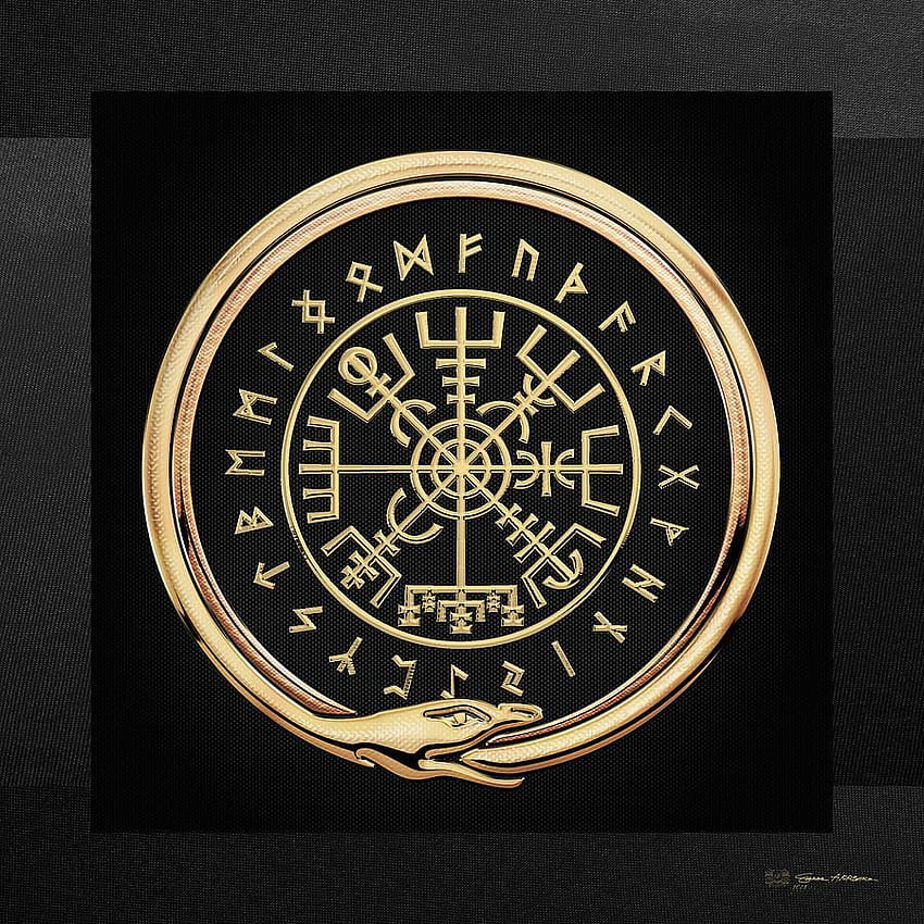Vegvisir-magiczny islandzki kompas runiczny wikingów-złoto na czarnej sztuce cyfrowej, nordyckie runy Tapeta na telefon HD