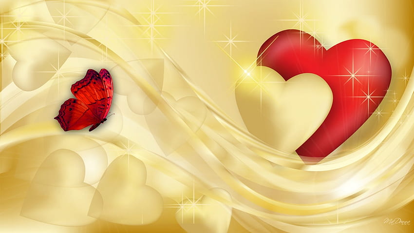Valentine Vision, dourado, estrelas, ouro, seda, borboleta, Dia dos Namorados, fevereiro, resumo, brilho, vermelho, corações papel de parede HD