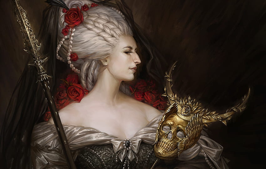 Venus, golden, art, fantasy, face, skull, girl, valera lutfullina HD wallpaper