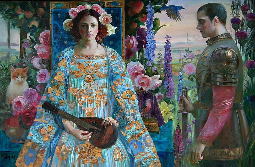 :), couple, girl, olga suvorov, woman, blue, art, man, instrument, painting, flower, pictura HD wallpaper