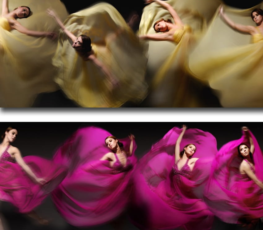 Dance of colors, pink, dance, yellow, colors, dress, woman HD wallpaper