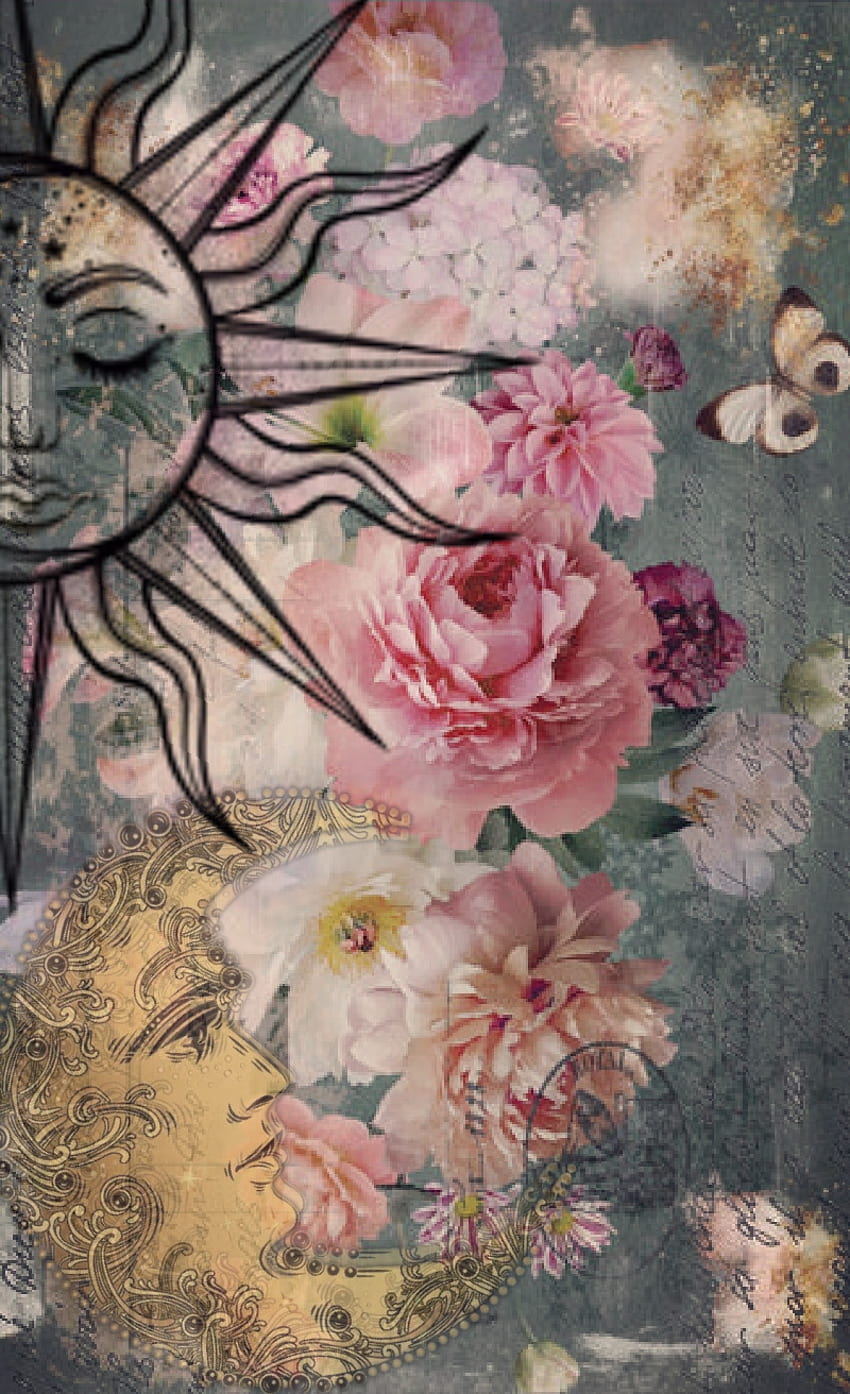 Mystical moon, love, beautiful, girly, flowers, pretty, spiritual, sun, colorful HD phone wallpaper
