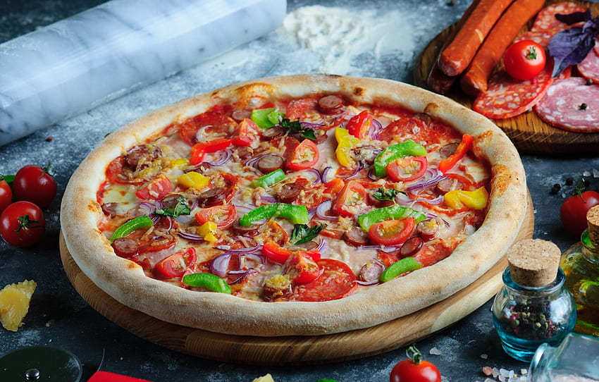 pepe, pizza, pomodori, salsiccia, spezie, peperoni per , sezione еда Sfondo HD