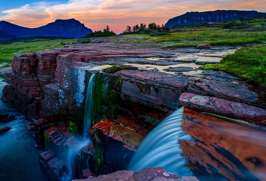 Dawn At Glacier National Park, blue, creek, grass, green, dawning, red, clouds, Logan Pass, mountains HD wallpaper