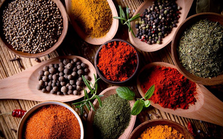 different spices, plates with spices, red pepper, black pepper, mint, different spices concepts HD wallpaper