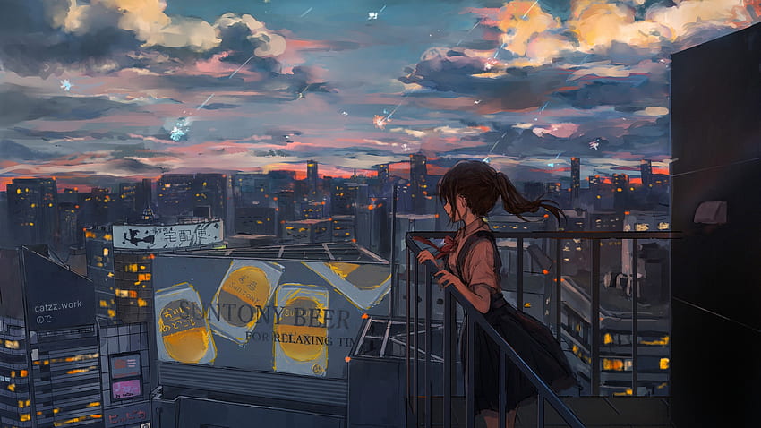Anime Girl, Sadness, Falling Stars, Cityscape, Scenic, Rooftop for U TV HD wallpaper