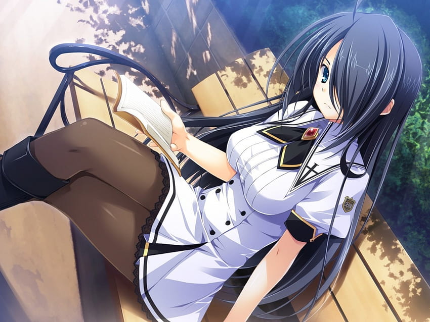 Setsuna Akatsuki, Anime Girl, , Park, Green Eyes, Anime, Black Hair, Book, Kourin no Machi Lavender no Shoujo, Skirt, Lavender no Shoujo, Bench, Seifuku, Kourin no Machi, Blue Eyes, Uniform HD 월페이퍼