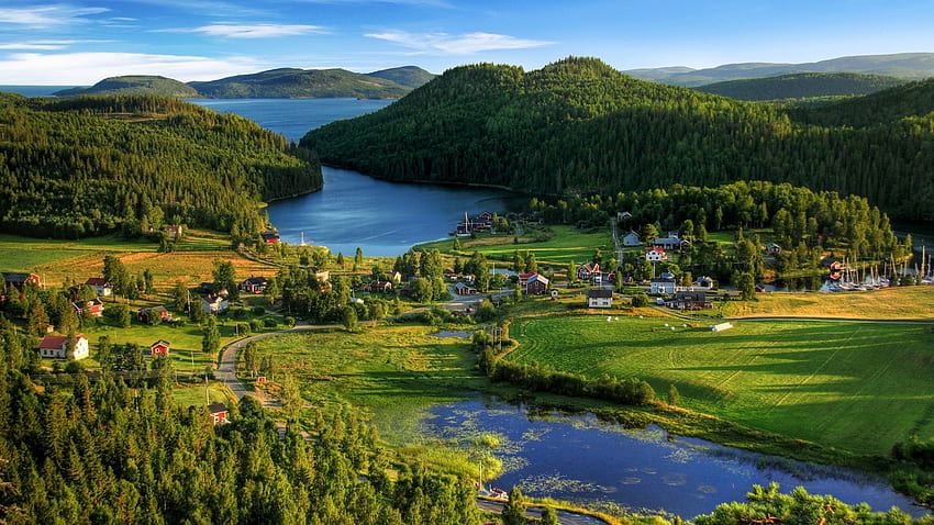 View over a village in the High Coast region, Häggvik, Sweden HD wallpaper