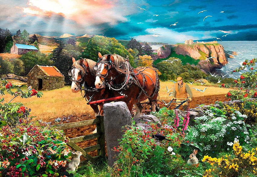 Good Old Times, sunshine, horses, painting, field, flowers, sky HD wallpaper
