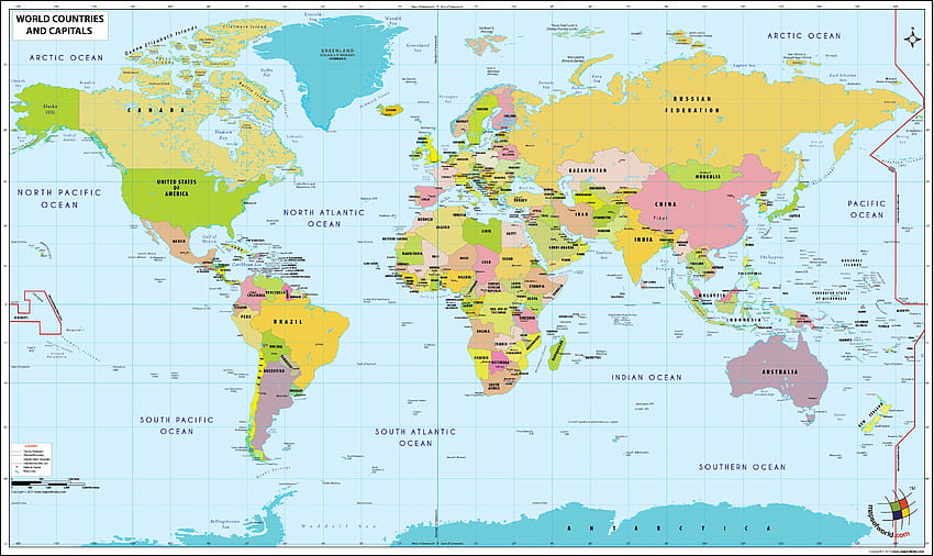 Mappa del mondo con paesi e capitali Sfondo HD
