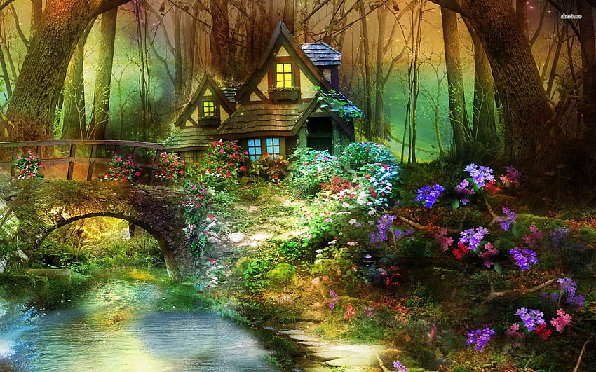魅惑の森の小屋。 森、幻想的な風景、ファンタジー、魔法の図書館 高画質の壁紙