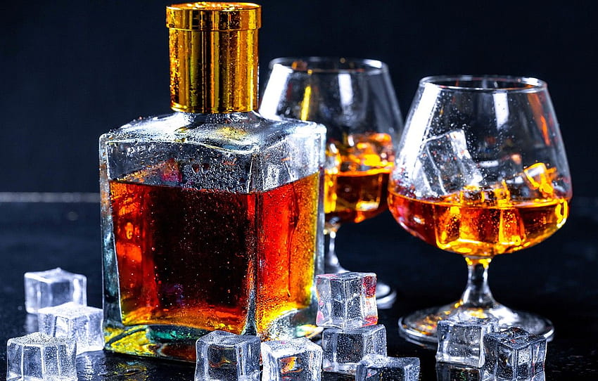 glass, bottle, ice, cube, cognac, brandy for , section еда HD wallpaper