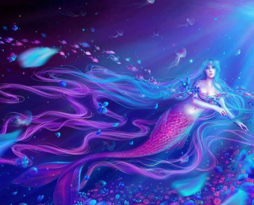 人魚、海、ピンク、紫、ファンタジー、美しい、尾 高画質の壁紙