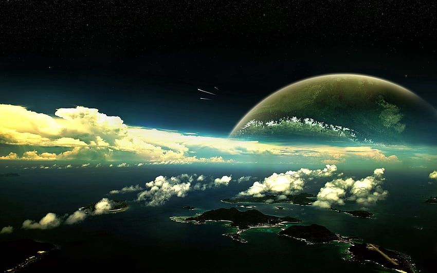 Planet, Wasser, Fantasie, Himmel, Wolken, Inseln HD-Hintergrundbild