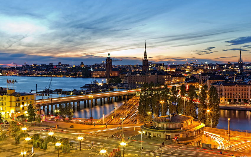 Ciudades, Luces de la ciudad, Tarde, Estocolmo, Suecia fondo de pantalla