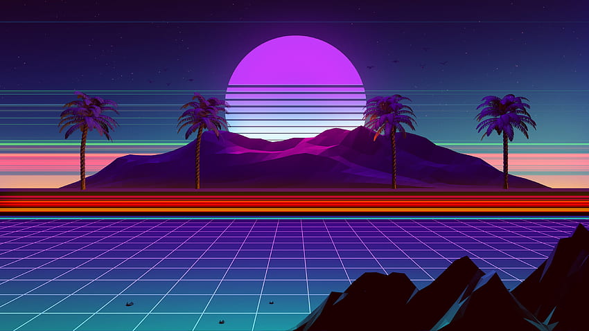 Palmen, Neonkunst, Sonnenstrahlen, Kunst der 80er HD-Hintergrundbild