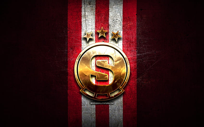 スパルタ プラハ FC、ゴールデン ロゴ、チェコ ファースト リーグ、赤い金属の背景、サッカー、チェコのサッカー クラブ、スパルタ プラハのロゴ、サッカー、AC スパルタ プラハ 高画質の壁紙