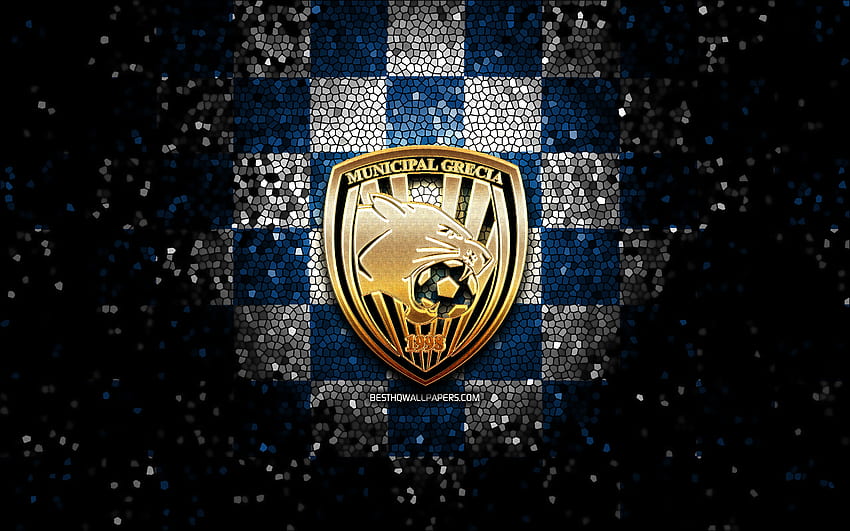 AD Municipal Grecia, glitter logo, Liga FPD, blue white checkered background, soccer, Costa Rican football club, Municipal Grecia logo, mosaic art, football, Municipal Grecia FC HD wallpaper