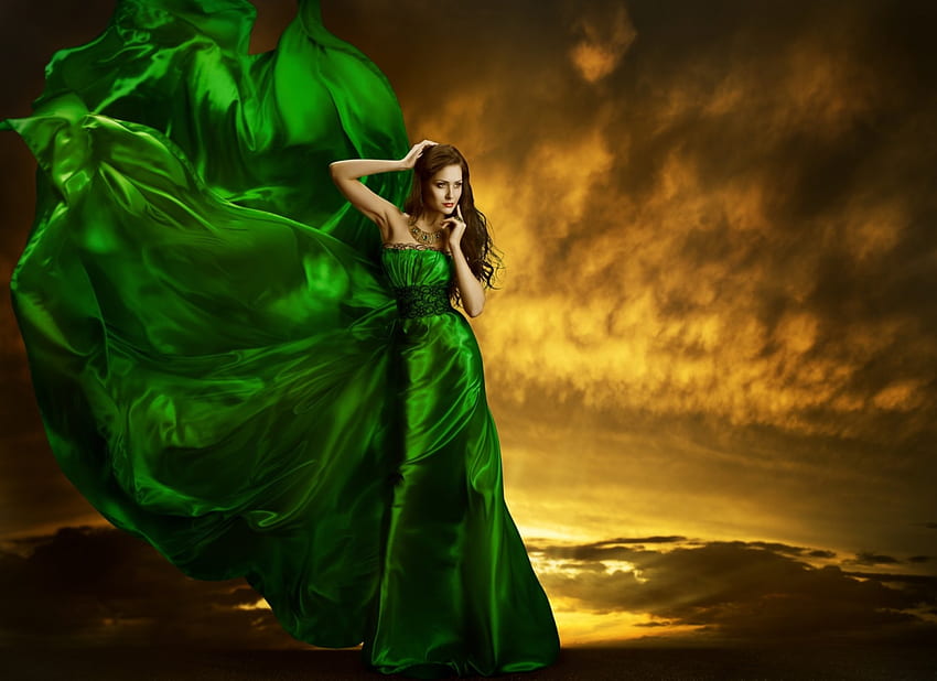 Green Silk, wind, blowing, women, gress silk, beauty HD wallpaper