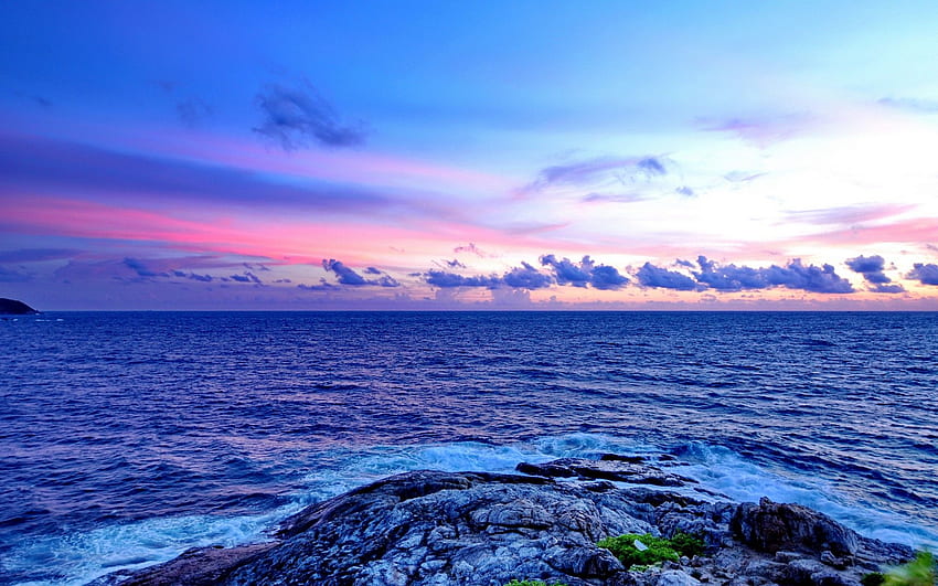 Natur, Meer, Ozean, Farbe, Blau, Meereslandschaft, Wellen, Himmel, Lila Blauer Sonnenuntergang HD-Hintergrundbild