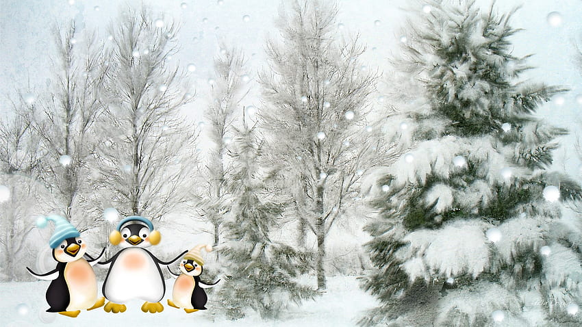 Pingüinos felices, invierno, firefox persona, lindo, frío, pingüinos, nieve, navidad, árboles, caprichoso, bosque fondo de pantalla