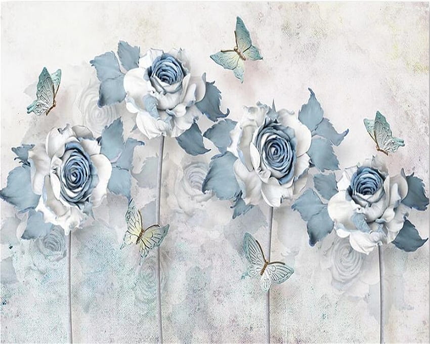 Beibehang personnalisé 3D peintures murales élégantes fleurs papillons bleu clair TV fond mur salon 3D., Bleu clair Floral Fond d'écran HD