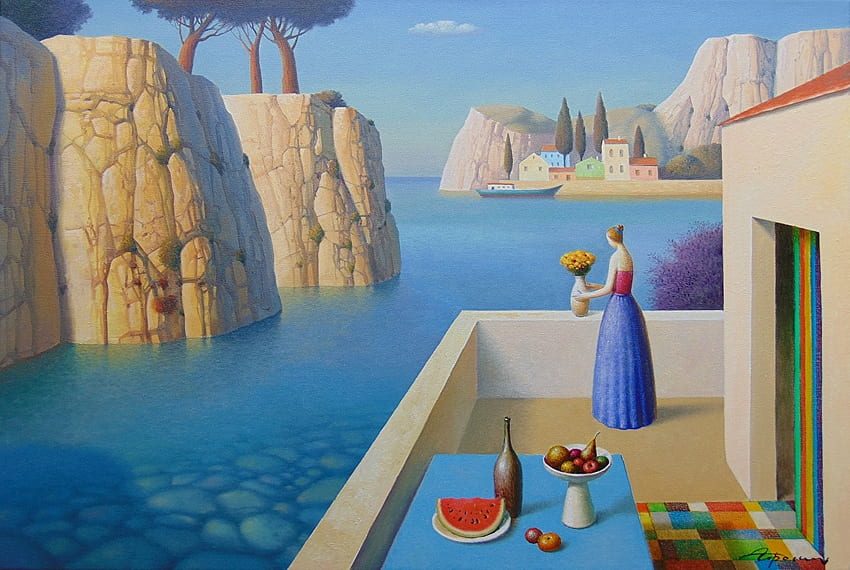 Lonely cloud in the afternoon, sea, blue, art, watermelon, girl, summer, painting, evgeni gordiets, pictura, water, vara HD wallpaper
