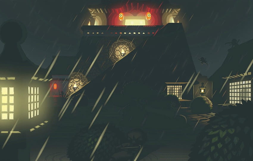night, castle, rain, roof, lights, the light in, Mini Ninjas HD wallpaper