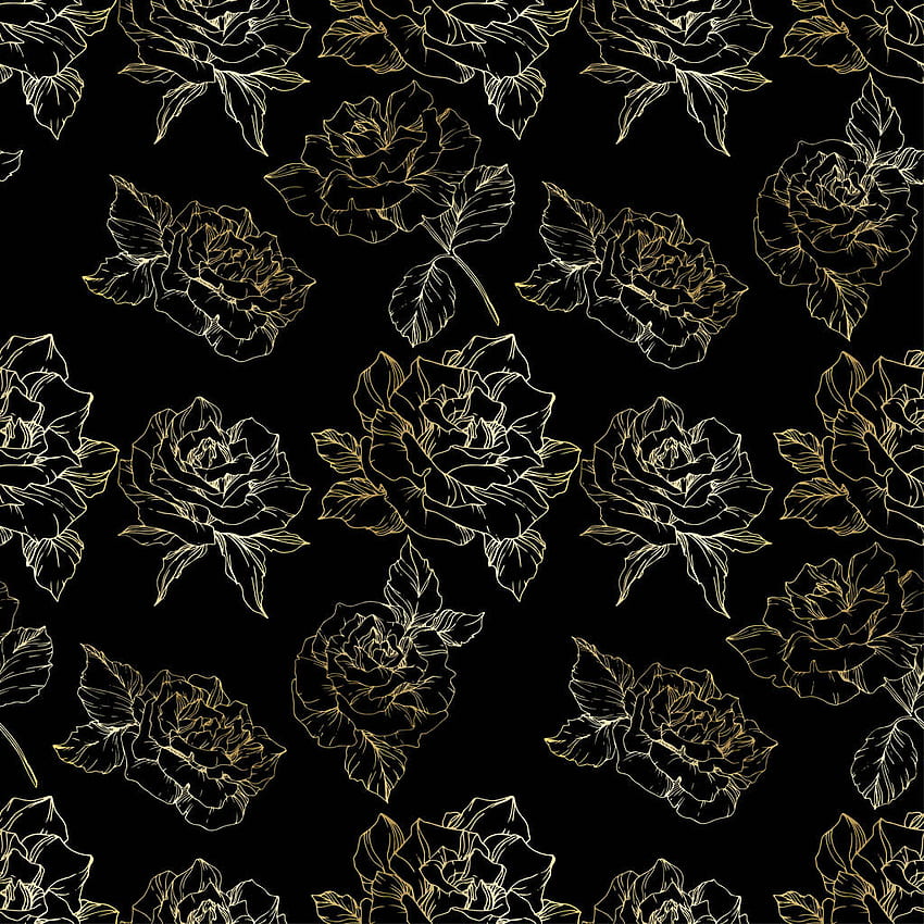 Outline rose flowers. Engraved ink art. Seamless background pattern. Fabric print texture on black background. Stock Vector Graphic HD phone wallpaper