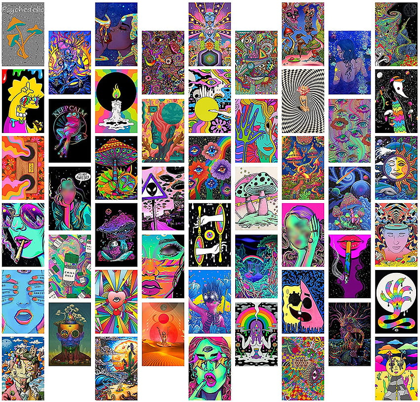 8TEHEVIN 50 SZTUK Hippie Trippy Drippy Estetyczny zestaw kolaży ściennych, modne małe plakaty do akademika, druk artystyczny Trippy dla dziewczynek i chłopców, kolekcja estetyczna, wystrój sypialni dla nastolatki: plakaty, kolaż Trippy Tapeta HD