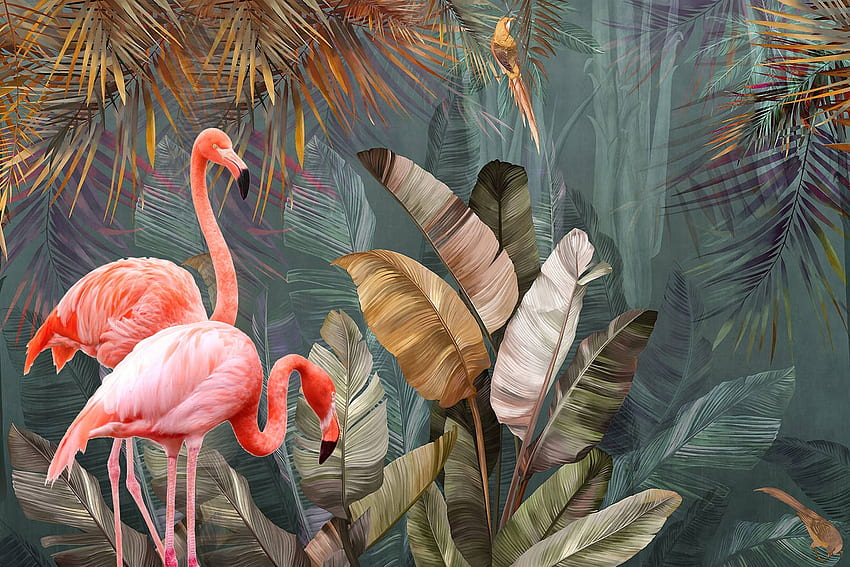 Flamingos, flamingo, pássaro, arte, exótico, verão, rosa, fantasia, verde, folha, pasari, vara papel de parede HD