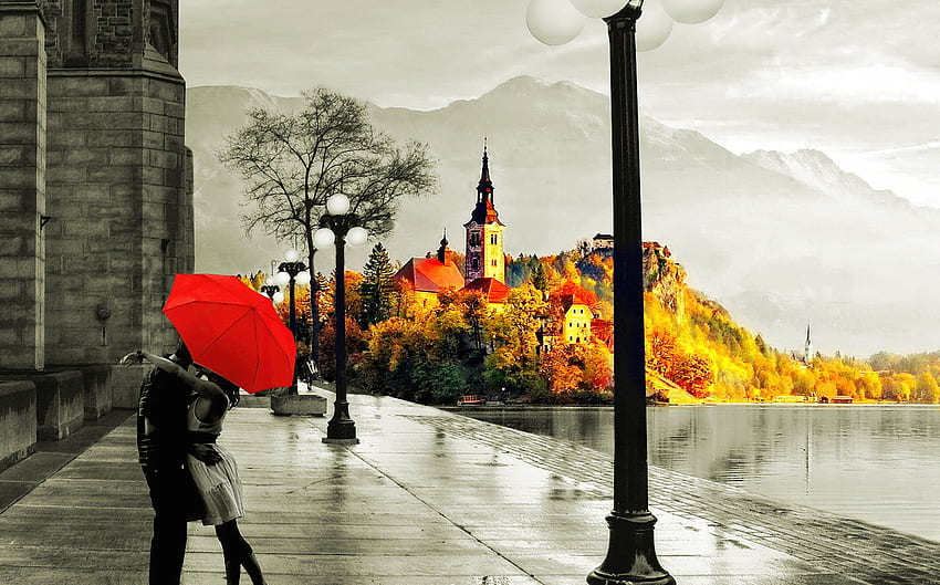 Amore autunno pioggia bacio lago strada bagnata umberella Sfondo HD