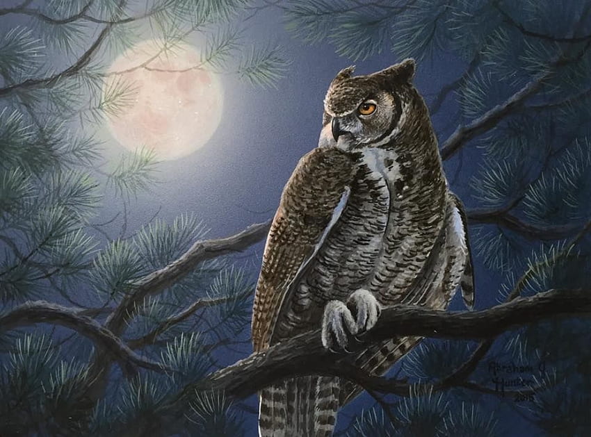 Owl, night, abraham hunter, art, bird, painting, moon, pictura, bufnita, pasari HD wallpaper