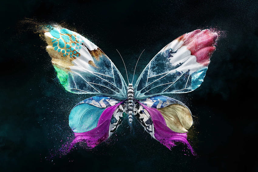 Страхотна синя и лилава пеперуда на тъмно син фон, тюркоазено лилава пеперуда HD тапет