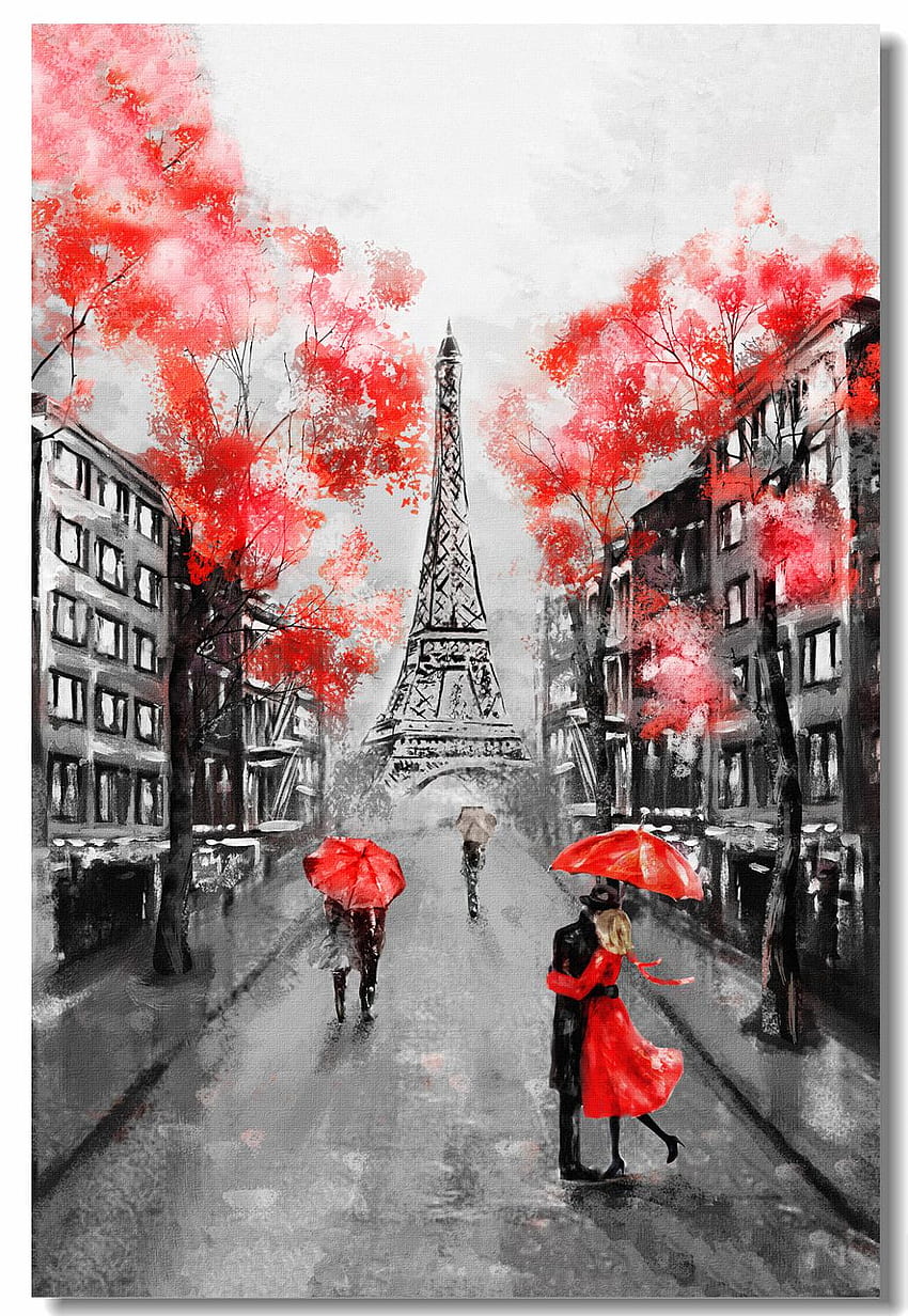 Cetak Kustom Lukisan Minyak Menara Eiffel Poster France Paris Pemandangan Stiker Dinding Hitam Putih Merah Seni Modern wallpaper ponsel HD