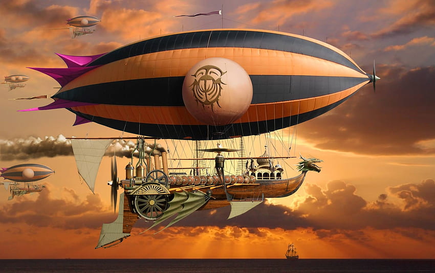 Steampunk Airship, awan, kapal, langit, seni Wallpaper HD