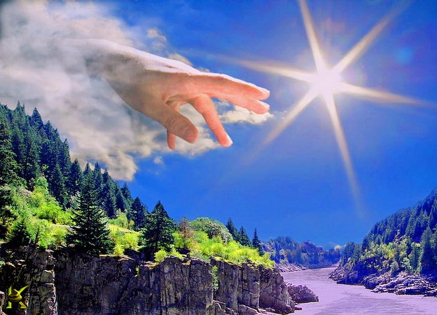 Hand of God, blue, god, clouds, trees, sky, mountains, sun, hand HD wallpaper