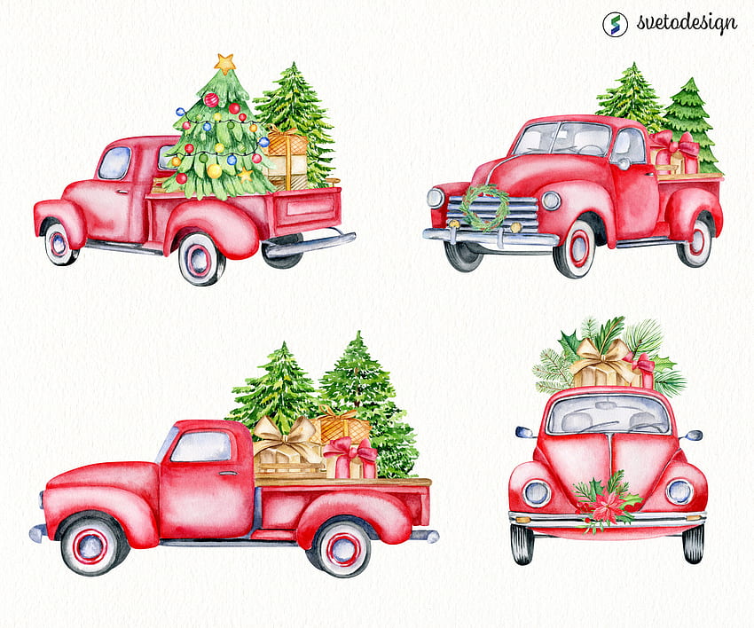 prediseñadas de acuarela de camiones de Navidad roja. Coches clásicos old timer PNG Por Svetlana Sintcova, Vintage Truck Christmas fondo de pantalla