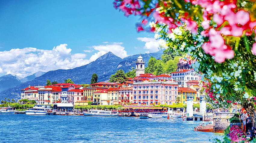 Bellagio, lago de Como, Italia, flores, nubes, paisaje, cielo, montañas, agua, pueblo fondo de pantalla