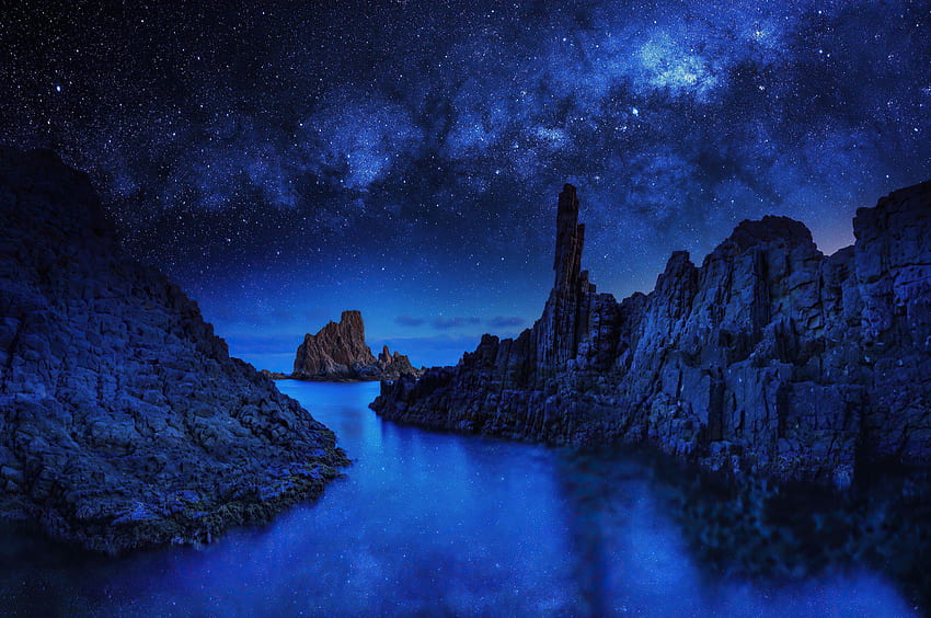 星月夜の海の岩 Chromebook ピクセル、、背景、および、夜の海 高画質の壁紙
