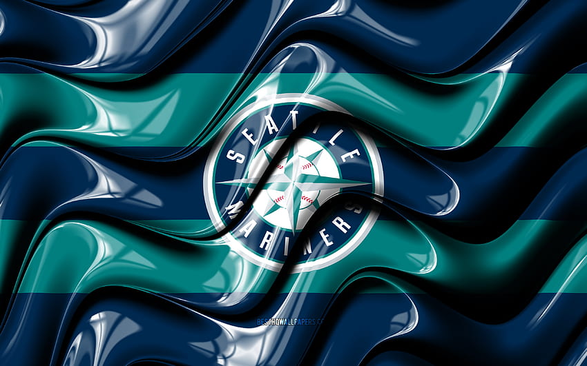 シアトル・マリナーズの旗、青い3D波、MLB、アメリカ野球チーム、シアトル・マリナーズのロゴ、野球、シアトル・マリナーズ 高画質の壁紙