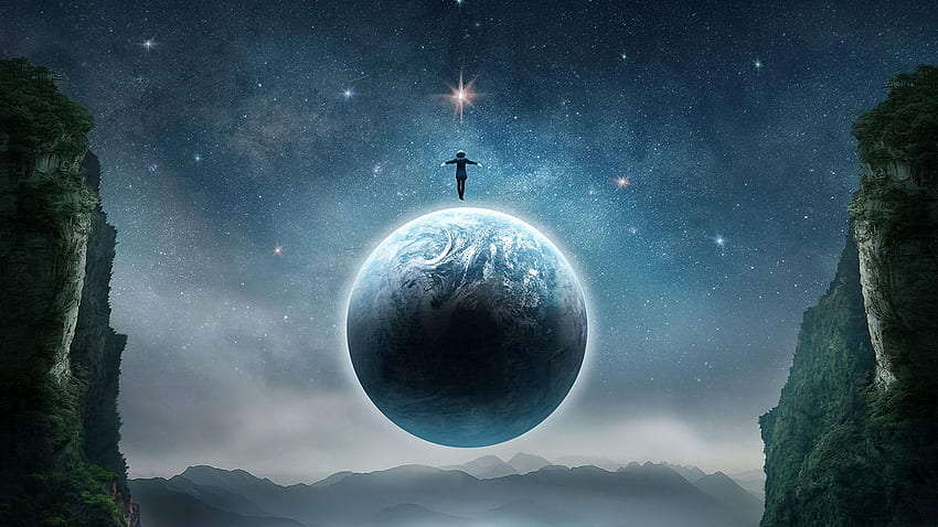 planet, silhouette, levitation, flight, fantastic , v, background HD wallpaper