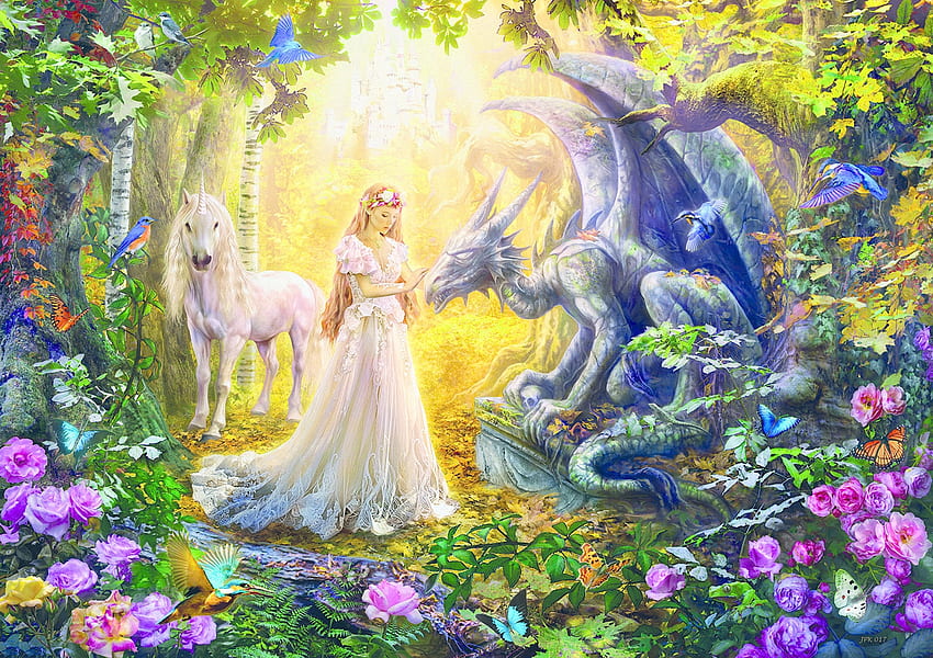 Floresta Encantada, arte, menina, mulher, fada, digital, fantasia, bonita, unicórnio, dragão, flores, floresta, princesa papel de parede HD