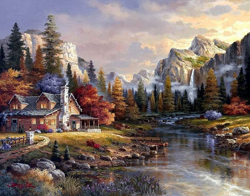 Yosemite, artwork, river, painting, house, trees, mountains, rocks, stones HD wallpaper