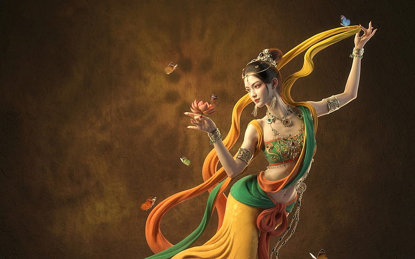 Dancer, fantasy, flower, lu tu, orange, lotus, lutu, girl, jewel, green HD wallpaper
