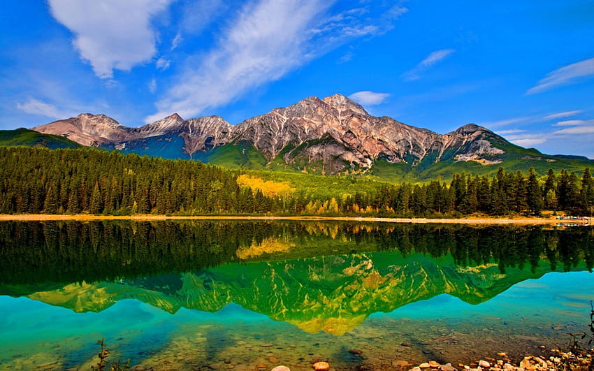 素晴らしい反射、青空、反射、素晴らしい、湖、山 高画質の壁紙