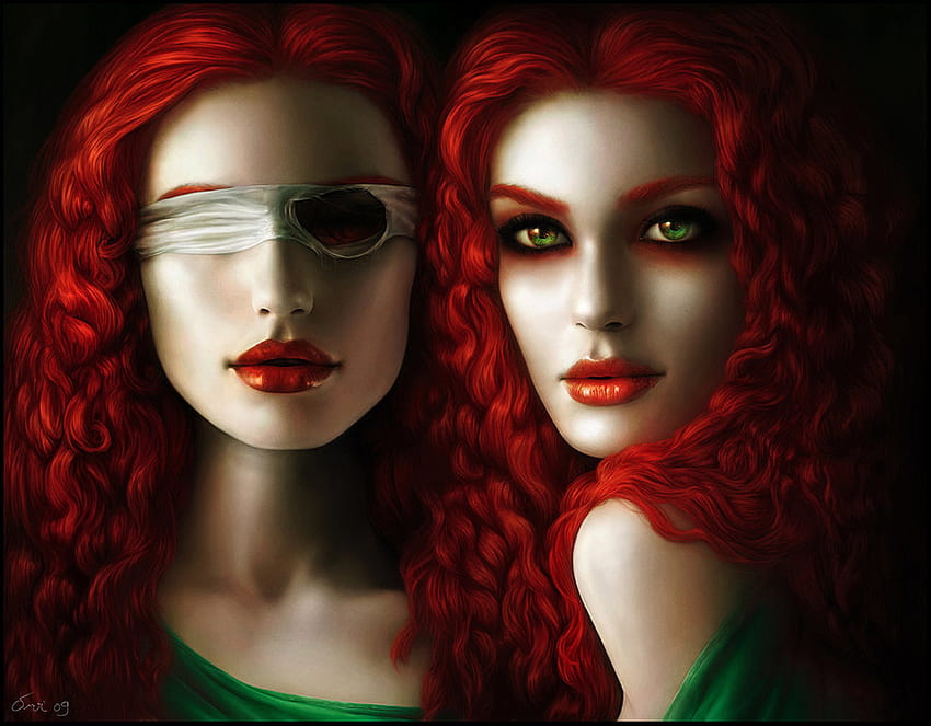 момиче фантазия, очи, фантазия, коса, червено HD тапет