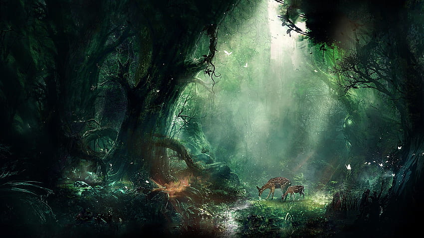 grafika, sztuka cyfrowa, sztuka fantasy, jeleń, las, natura / i mobilne tło, sztuka dżungli Tapeta HD