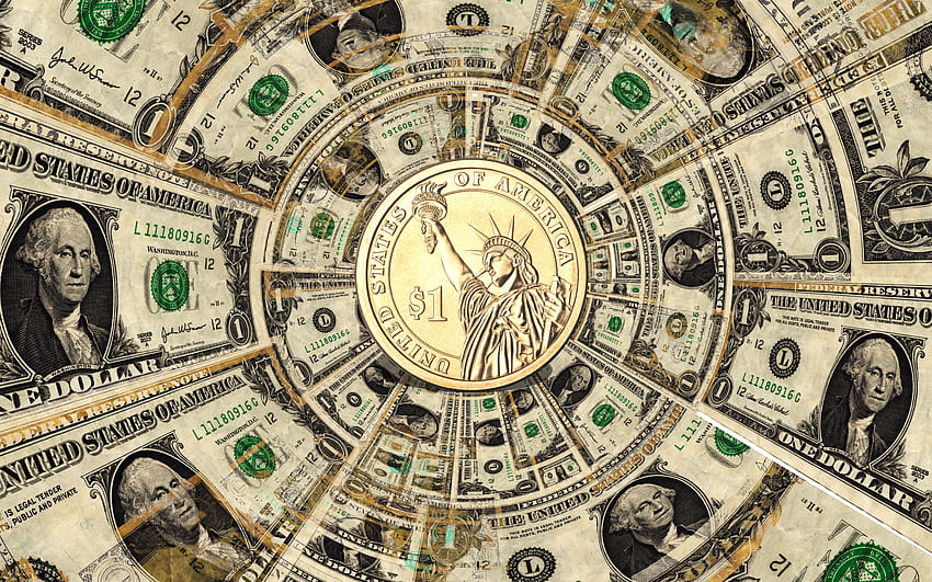 Goldmünze 1 Dollar, Geldhintergrund, amerikanische Dollar, Finanzen, Goldmünze, Finanzhintergrund, Dollar, Hintergrund mit Dollar HD-Hintergrundbild