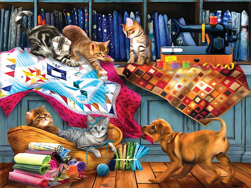 Quilting Room Mischief, cats, painting, yarn, quilts, basket HD wallpaper